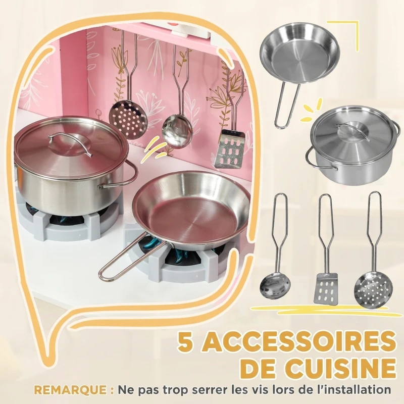 AIYAPLAY Cuisine Enfant avec Glaçons, Micro-ondes, Four, Plaque, Évier, Machine à Laver, Tableau, 90x 33,3x91,6cm, Rose