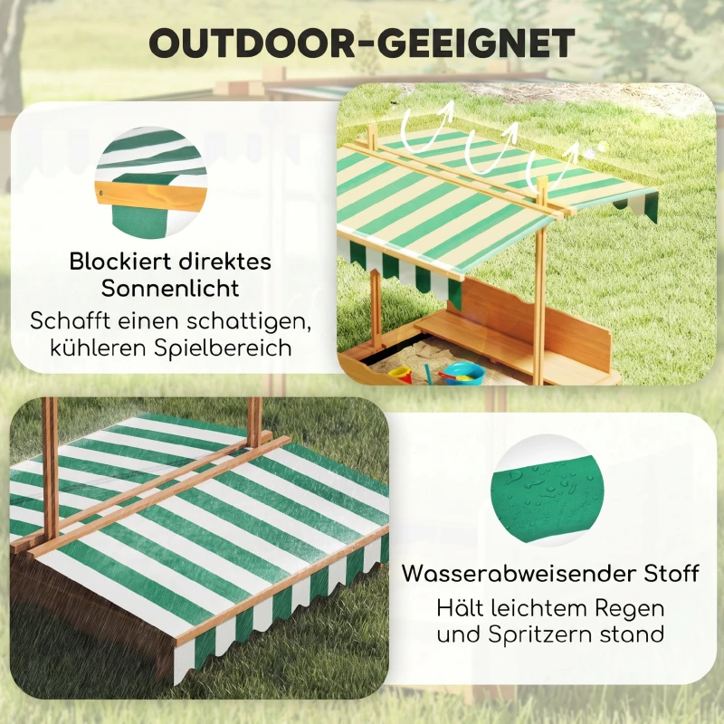 Outsunny Sandkasten 106x106 cm Kinder Sandbox aus Holz mit höhenverstellbar Abdeckung Sitzbänken Rücklehnen Hellbraun