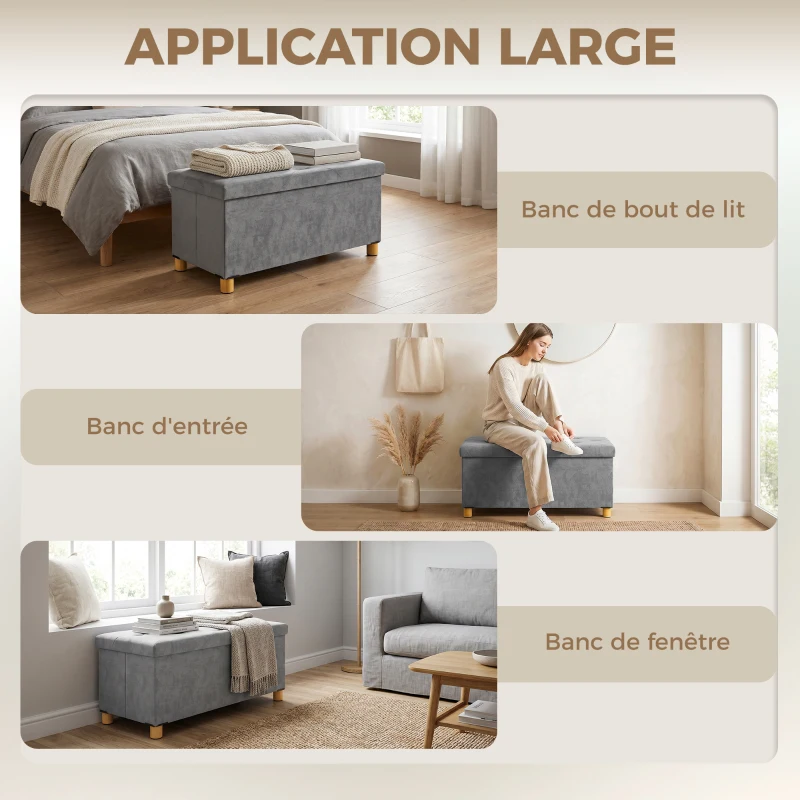 HOMCOM Banc de rangement bout de lit pliable volume 67 L capacité de charge 120 kg avec couvercle 76L x 38l x 38H cm gris