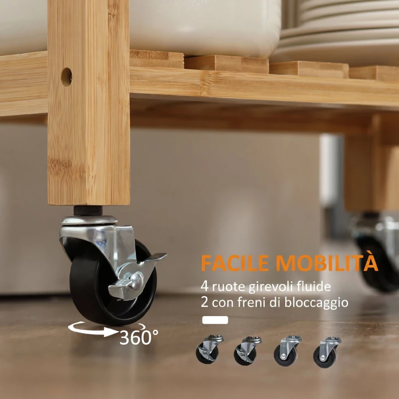 HOMCOM Carrello da Cucina in Bambù con Piano in Acciaio Inox, Cassetto e Mensole a Doghe, Legno