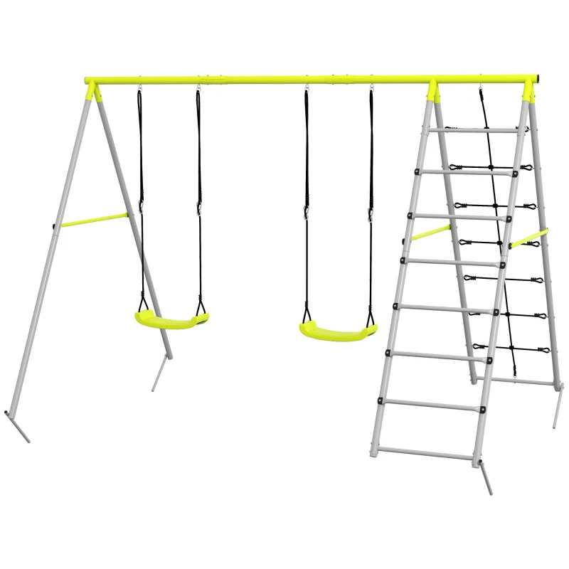 Outsunny Baloiço para Crianças 4 em 1 com 2 Baloiços Trepador Rede de Escalada Corda Ajustável e Anti-UV 260x185x180 cm Cinza e Verde