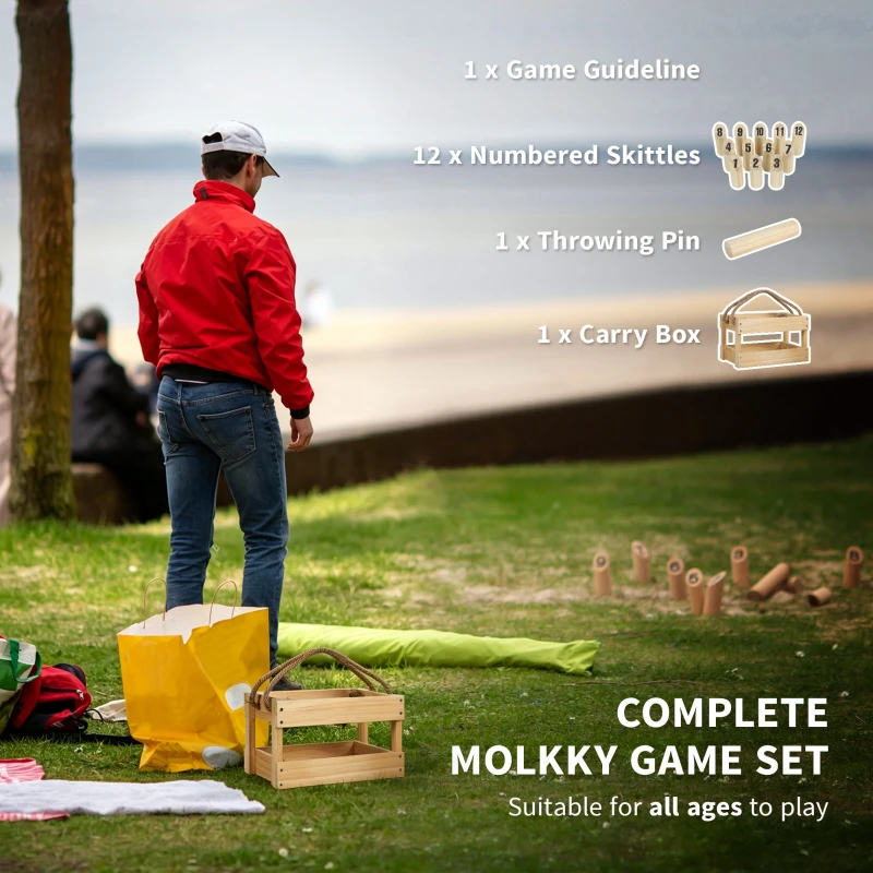 SPORTNOW Wooden Scatter Game Set, Numbered Skittles Throwing Game with 12 Skittles, 1 Throwing Pin and Carrying Box