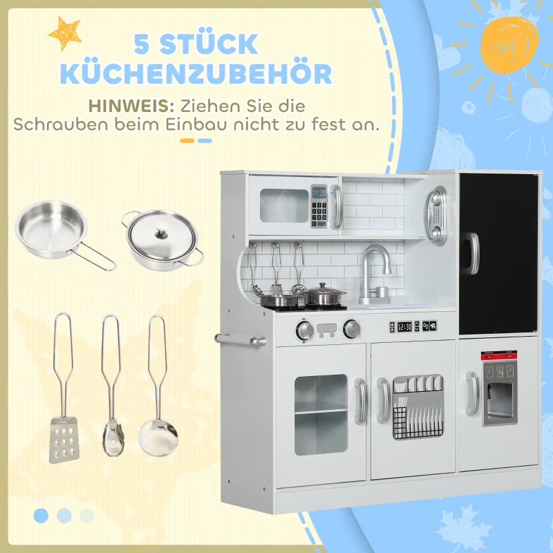 AIYAPLAY Kinderkeuken - Speelkeuken met Telefoon, Krijtbord, Magnetron, Fornuis, Spoelbak, Accessoires, IJsblokjesmachine, 3-8 Jaar, Wit