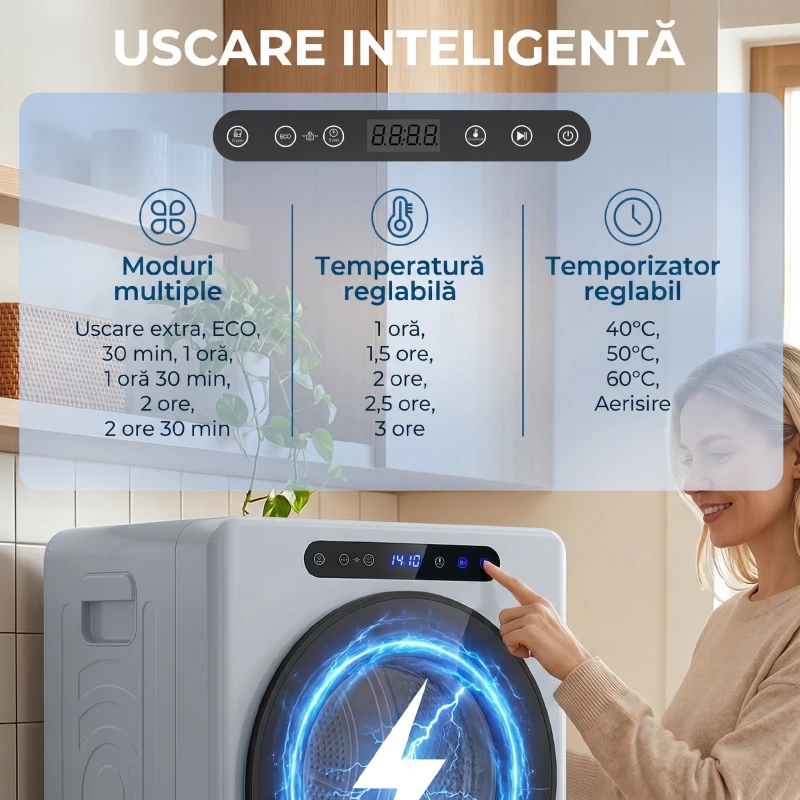 HOMCOM Mini uscător electric 1000W, 3 kg, cu display LED, 49 x 43 x 61 cm, albastru