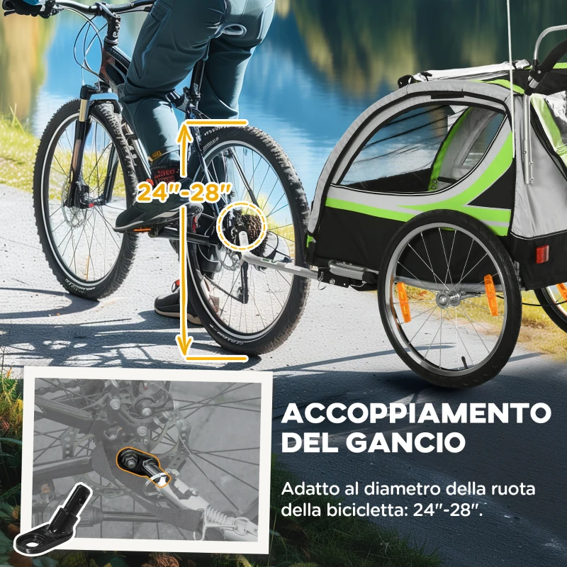 HOMCOM Rimorchio Bici per Bambini e Passeggino 2 in 1 con Cintura, Tasche e Bandierina, Verde