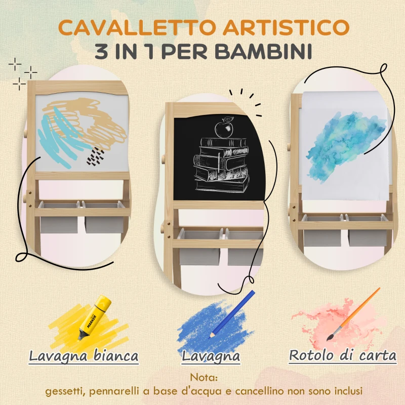 AIYAPLAY Lavagna per Bambini con Cavalletto 3 in 1 e Cestini, Età 3-6 anni, 58x50.5x109cm, Color legno