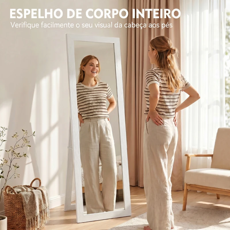HOMCOM Espelho de Pé 37x155 cm Espelho de Corpo Inteiro Espelho de Parede Retangular com Estrutura de Madeira Branco com Veios