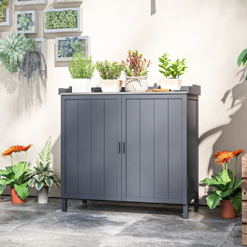 Outsunny Armoire de rangement de jardin sur pied, table de rempotage 2 en 1 double porte, étagère, plateau métal galvanisé - gris