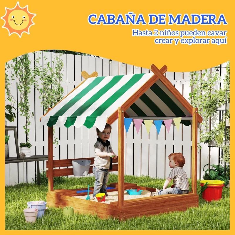 Outsunny Arenero Infantil con Toldo 6 Banderines 2 Bandejas Grifo y Pizarra en Forma de Casa para Patio 124x116x146 cm Naranja