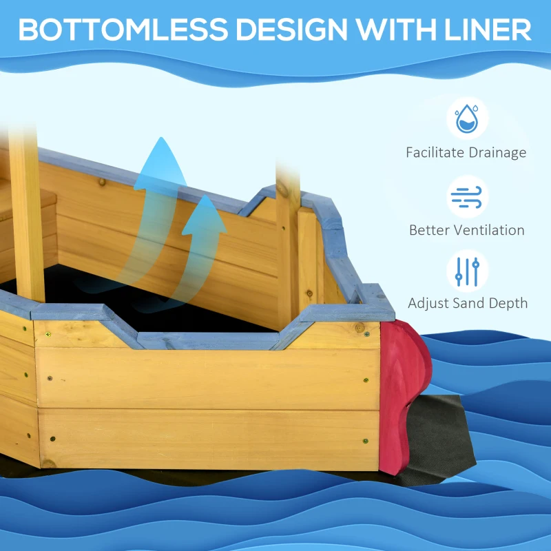 Outsunny Sand Pit, Kids Wooden Sandbox Pirate Ship, Sandboat Play Station with Canopy Shade, Storage Bench and Bottom Liner for Outdoor Garden