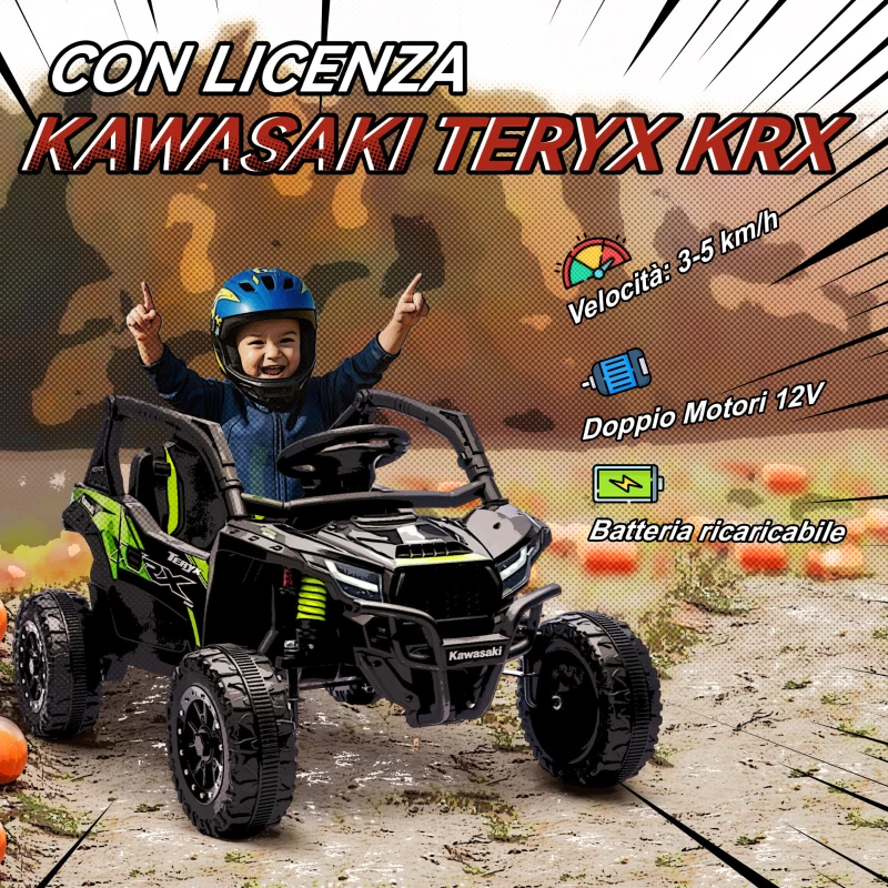 AIYAPLAY Macchina Elettrica per Bambini 3-5 Anni 12V con Licenza KAWASAKI, Doppio Motore, Telecomando e Musica, Nero