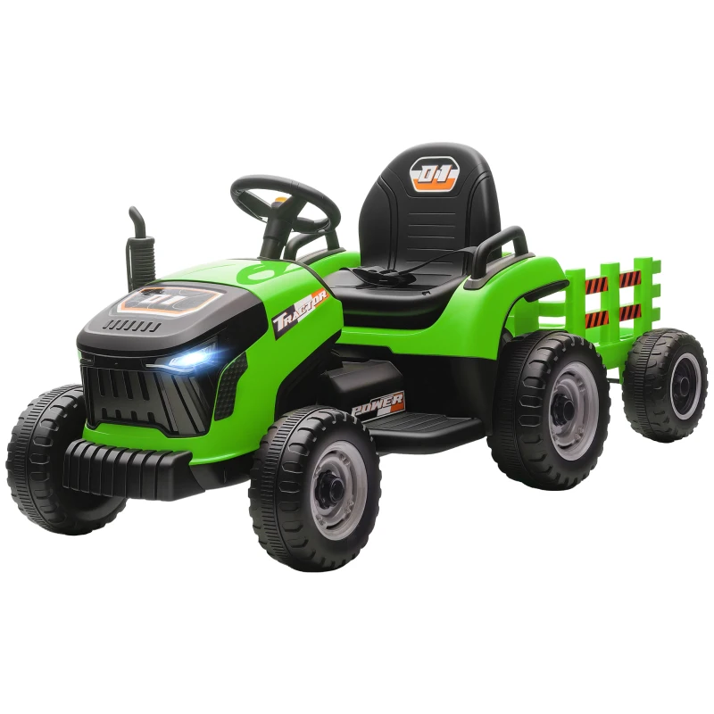 AIYAPLAY Trator Elétrico para Crianças com Reboque Desmontável Bateria 12V Velocidade 3-5 km/h Controle Remoto 2,4G 139x58x55 cm Verde