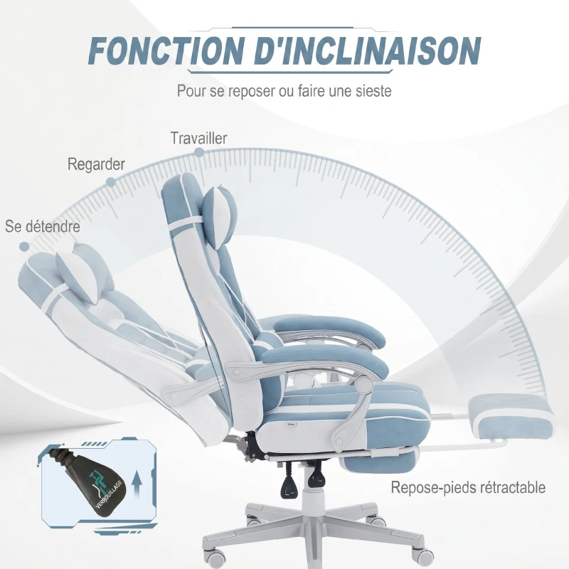 HOMCOM Chaise gaming, fauteuil gaming ergonomique avec repose-pieds, hauteur réglable, dossier inclinable, 63x63x123cm, bleu
