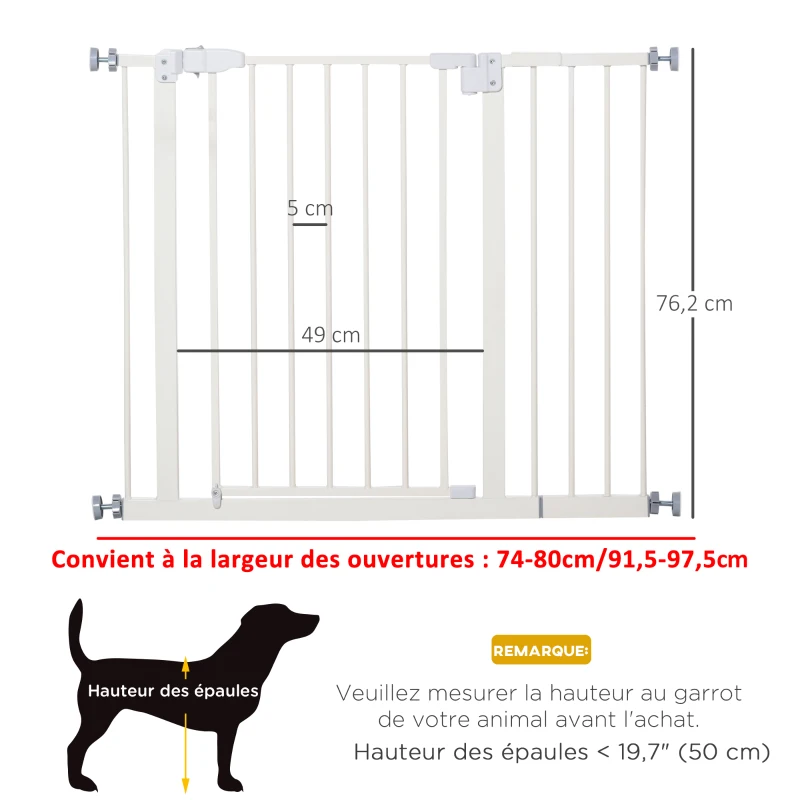 PawHut Barrière de sécurité largueur réglable 74-80 / 91,5-97,5 cm double verrouillage fermeture automatique barrière chien pour porte couloir escalier sans perçage acier blanc