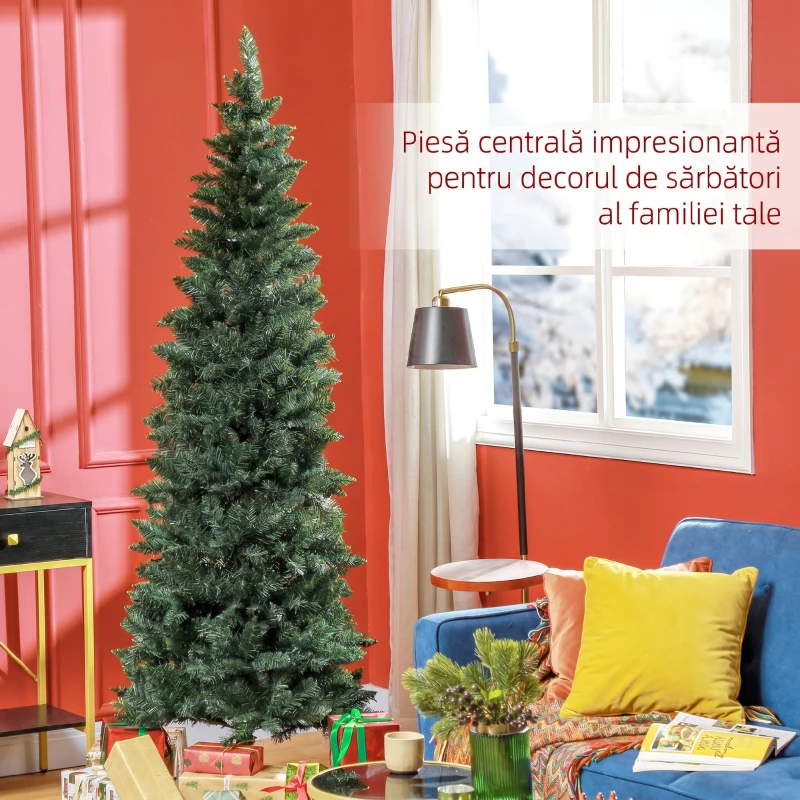 HOMCOM Brad de Crăciun Artificial 210 cm cu 687 de Ramuri, Design Îngust și Înalt cu Bază Rabatabilă, Verde