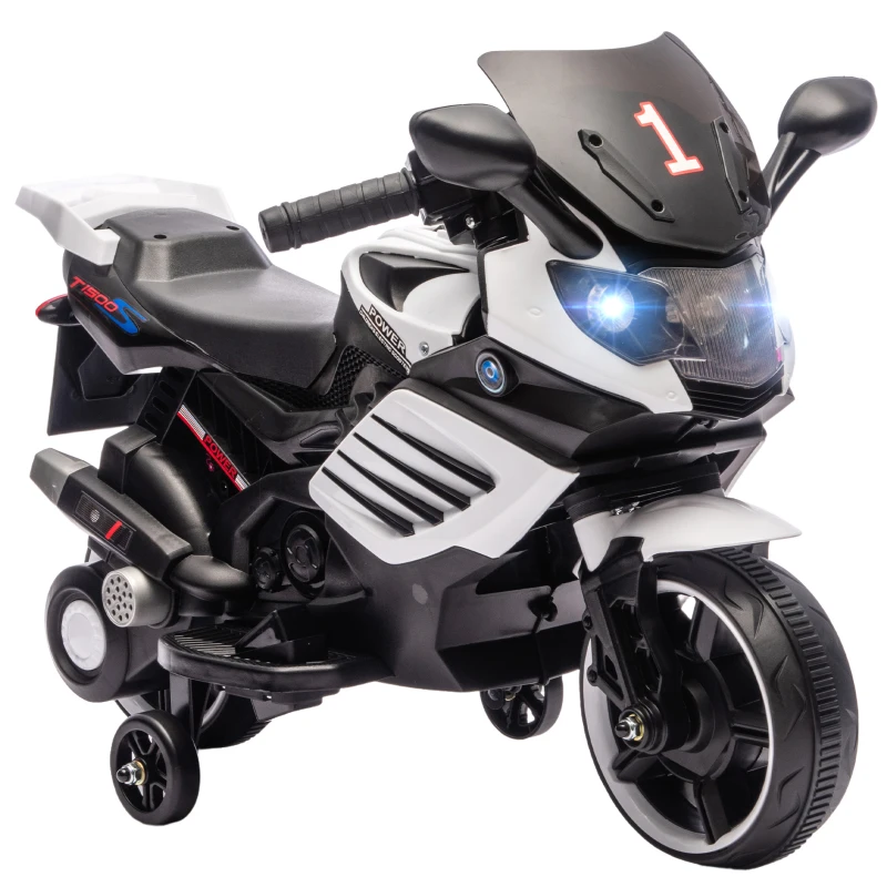 AIYAPLAY Motocicletă electrică pentru copii 6V cu roți ajutătoare detașabile, faruri și muzică, vârsta 18-36 luni, alb