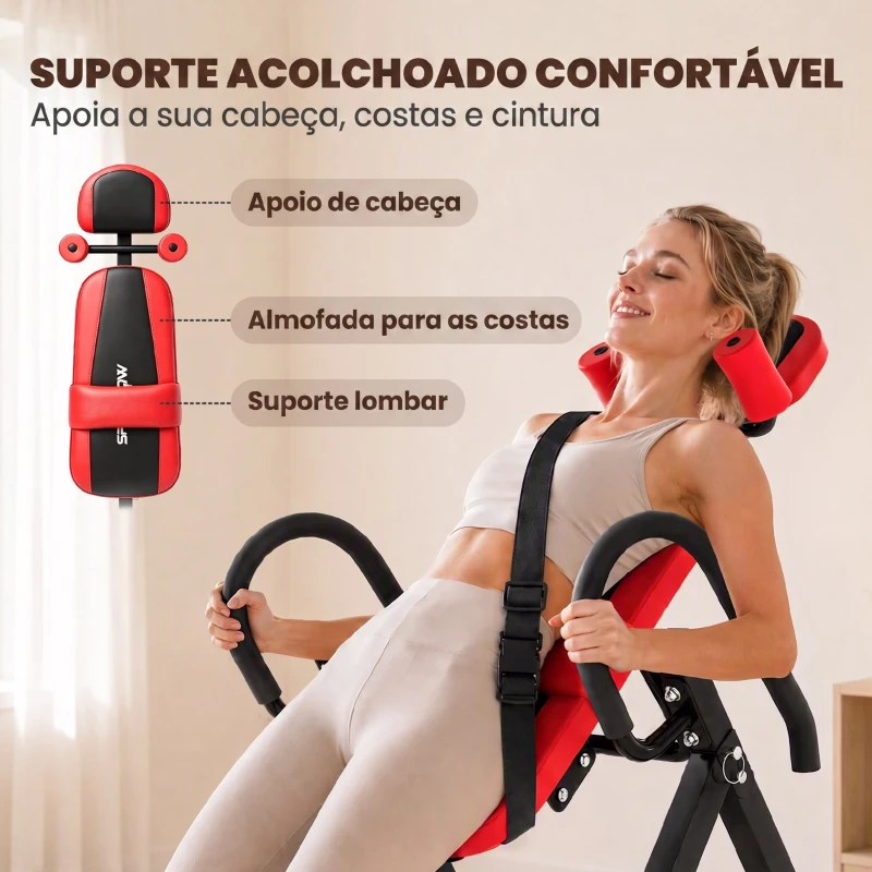 SPORTNOW Mesa de Inversão Dobrável 20°/40°/60° e 0-90°, 13 Ajustes para 130-190 cm, Apoio Lombar e Cinto de Segurança