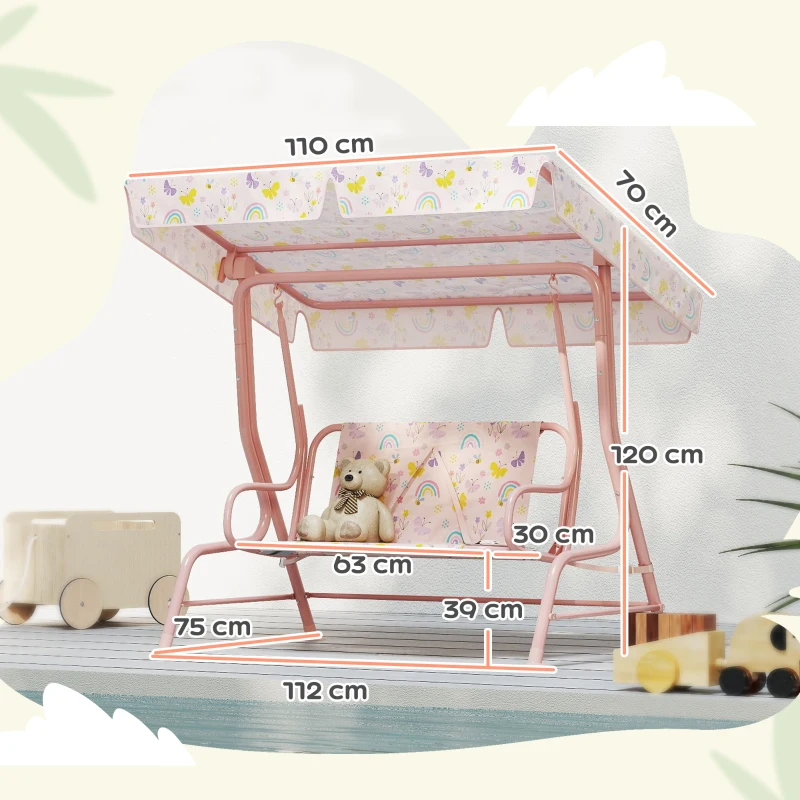 AIYAPLAY Dondolo per Bambini da Esterno a 2 Posti con Tettuccio Regolabile e Cinture di Sicurezza, 112x75x120 cm, Rosa