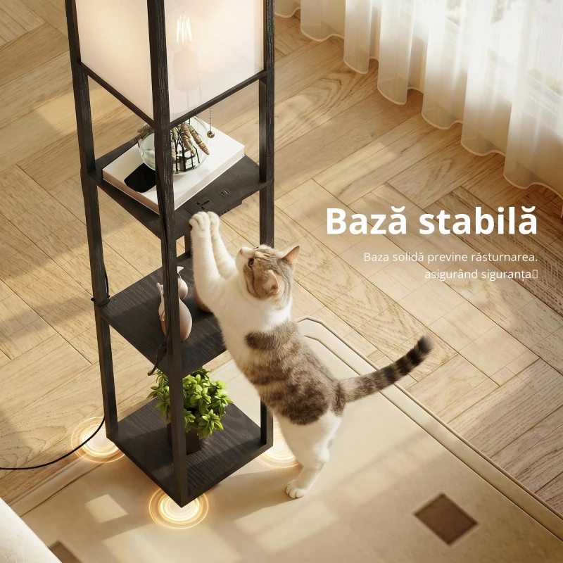 HOMCOM Lampă LED de podea cu rafturi, dimabilă, întrerupător cu lanț & prize, neagră