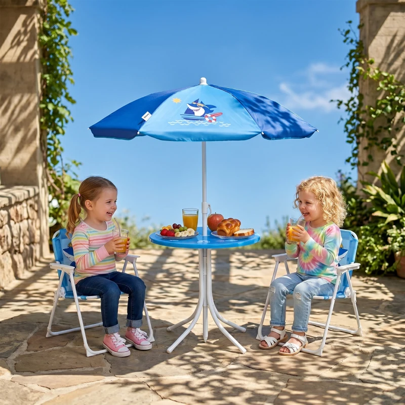 Outsunny Kindersitzgruppe, 4 teilige Kindersitzgarnitur mit Sonnenschirm, Kindertisch mit 2 Klappstühlen, Outdoor Picknicktisch für Kinder 3-6 Jahre, Gartenmöbel für Garten, Hinterhof, Terrasse, Blau