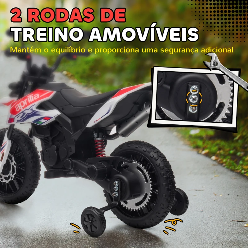 AIYAPLAY Mota Elétrica Infantil Aprilia 12V Rodas de Apoio Farol Música Porta USB Amortecedor Branco