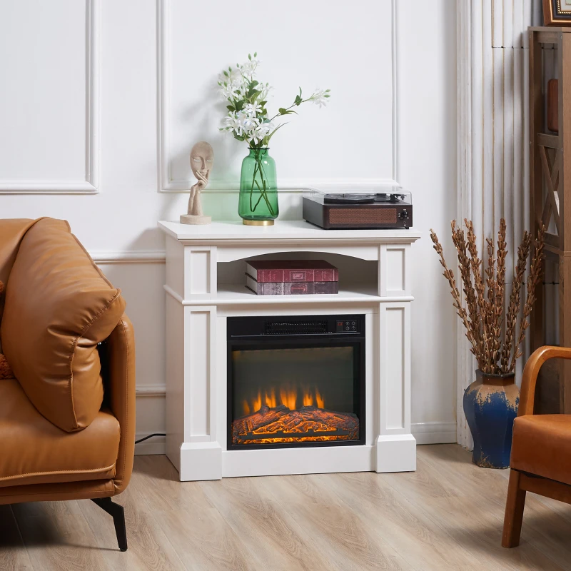HOMCOM Camino Elettrico con Effetto Fiamma LED Regolabile 1800 W, Telecomando, Timer e Ripiano Integrato, Bianco