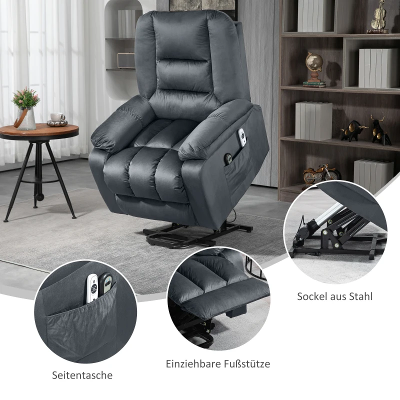 HOMCOM Massagestoel met opsta-hulp seniorenfauteuil relaxfauteuil, 8 massagepunten, 2 zijzakken, 85 cm x 94 cm x 107 cm, Grijs(m-9)