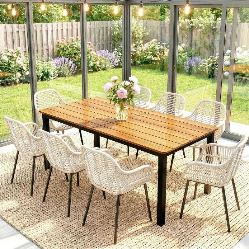 Outsunny Gartentisch 180 x 86 cm für 6-8 Personen Holztisch mit Lamellen-Tischplatte Stahlrahmen Teak