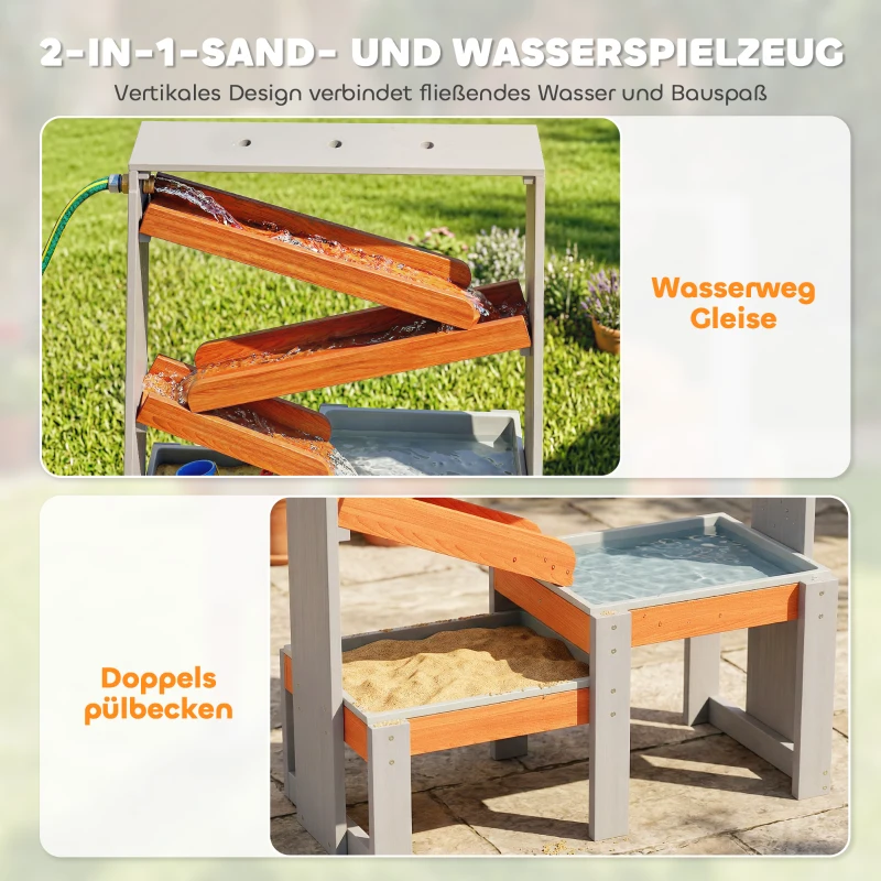 AIYAPLAY Sand Wasserspieltisch, Holz Wassertisch, Matschtisch mit Wasserbahn, 2 Becken Sandkastentisch für 3-8 Jahre Kinder Grau