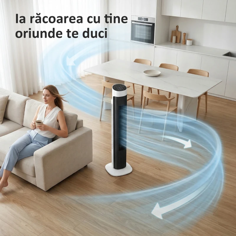 HOMCOM Ventilator Turn cu Telecomandă, 80 cm, Alb,Negru