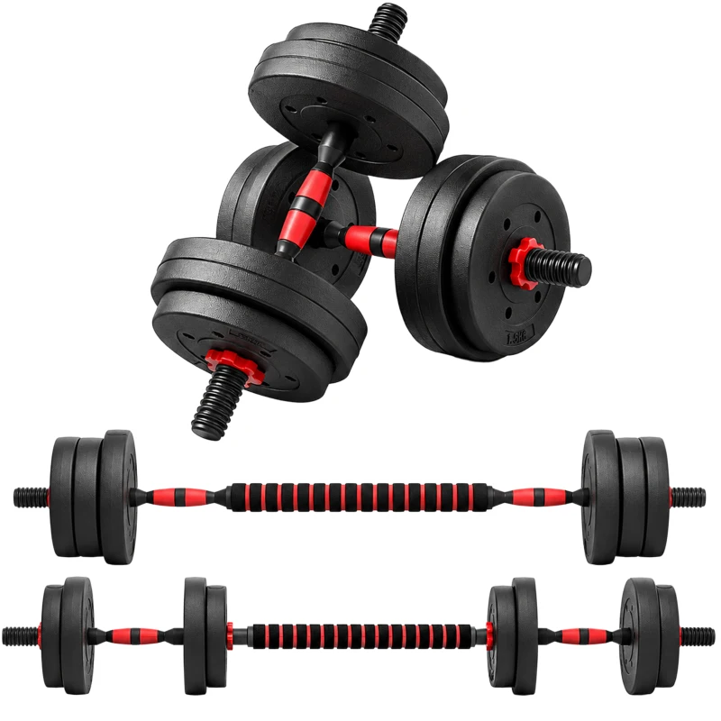 HOMCOM Set 2 gantere antiderapante cu 8 discuri de greutăți, 15 kg total, și conector, din oțel, HDPE și nisip, negru