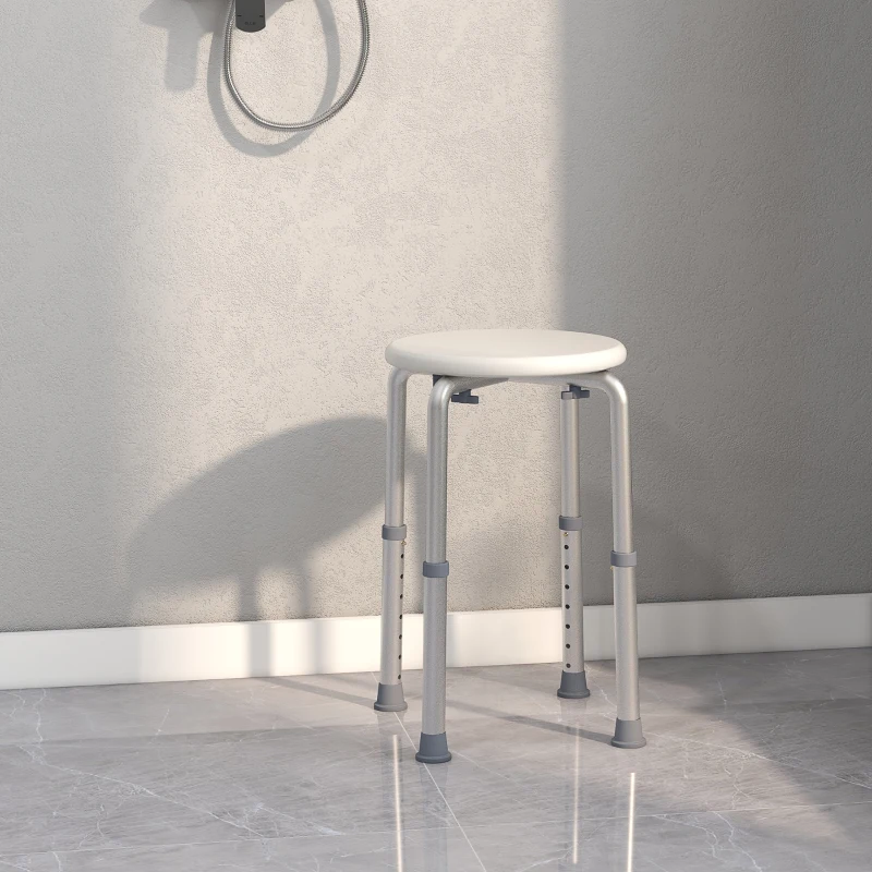 HOMCOM Sgabello da Doccia Girevole a 360° con Piedini Antiscivolo e Regolabile in Altezza su 8 Livelli, Sgabello per Doccia in Alluminio e PE, 32.5x41x35.5-54 cm, Bianco