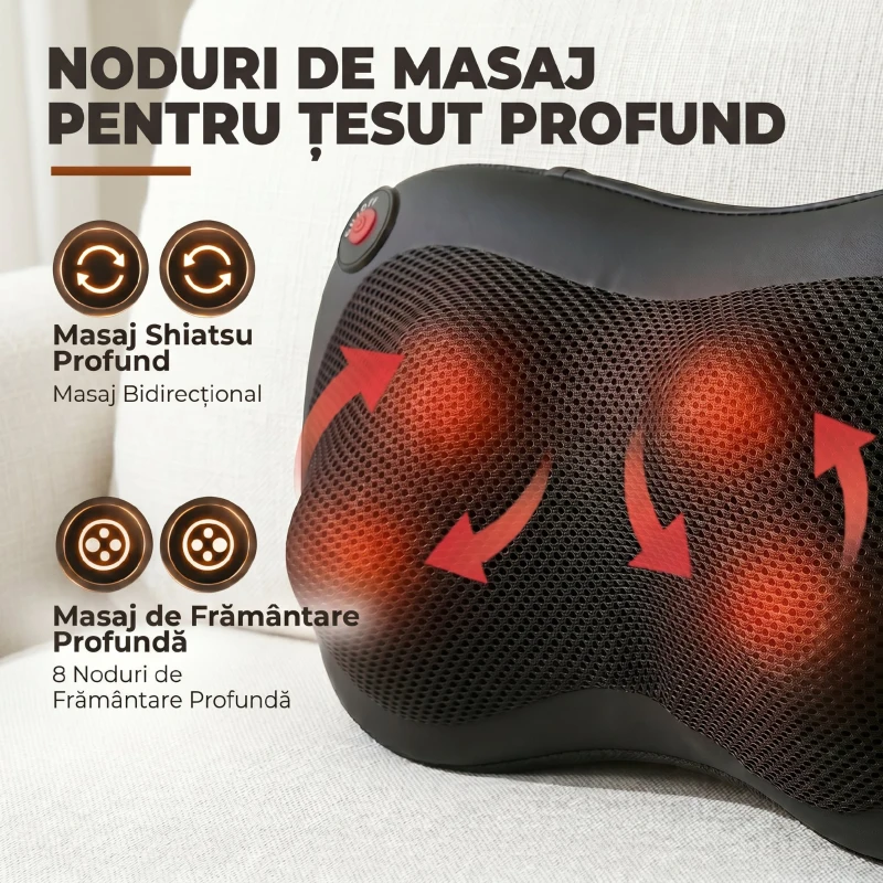 HOMCOM Pernă de Masaj Spate și Gât cu Încălzire și 4 Noduri Shiatsu, pentru Acasă, Birou, Mașină, Negru