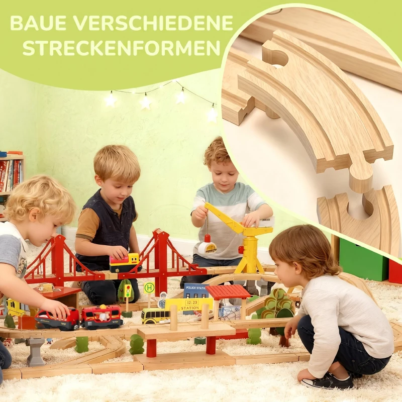 AIYAPLAY Holzeisenbahn Set 133 Stück Eisenbahn Set mit Elektrische Lok Zügen Grundplatte, Schienen Kran Brücke Kleinkinder ab 3