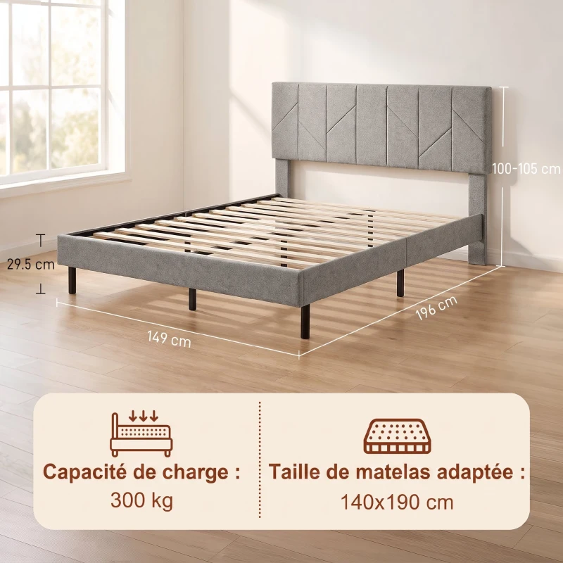 HOMCOM Cadre de Lit 140 x 190 cm avec Sommier et Tête Réglable, Lit Double Rembourré en Lin, Rangement au-dessous, Gris