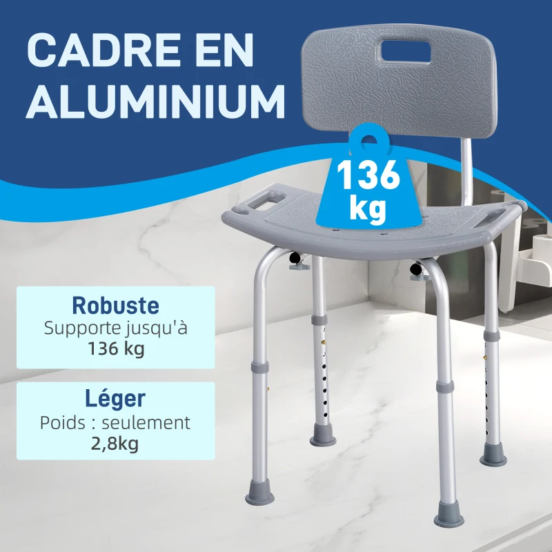 HOMCOM Chaise de Douche siège de Douche Ergonomique Hauteur réglable Pieds antidérapants Charge Max. 136 Kg alu HDPE