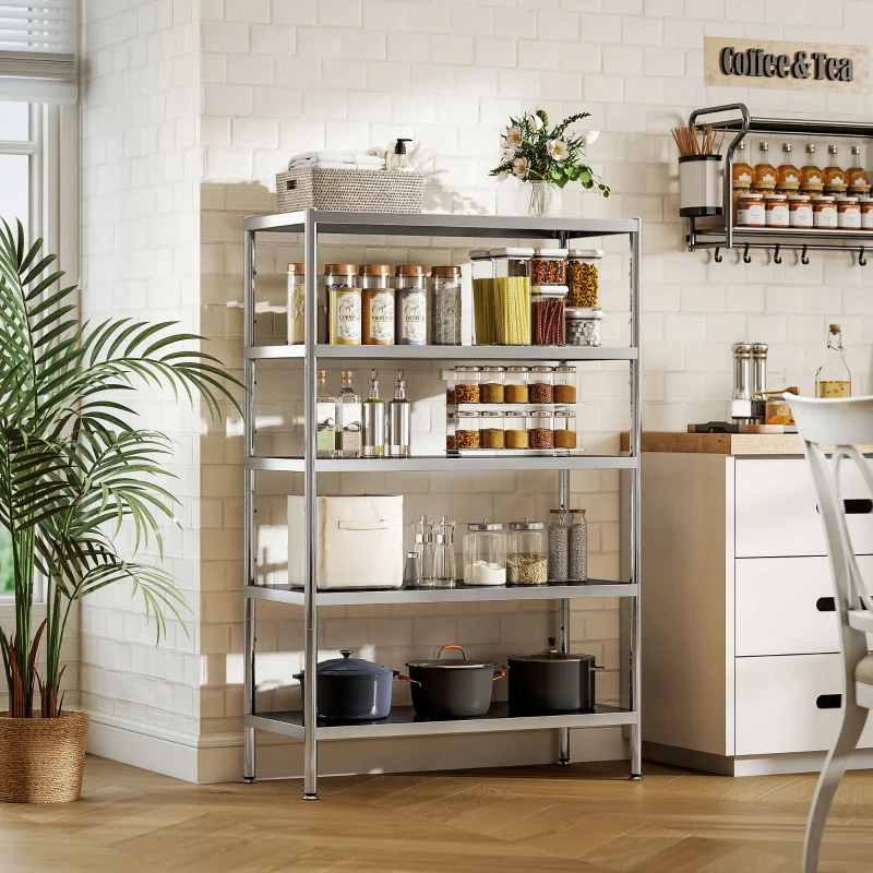 HOMCOM Scaffale da Cucina a 5 Livelli Regolabili su 13 Altezze Diverse, in Acciaio Inox, 91x40x139 cm, Argento
