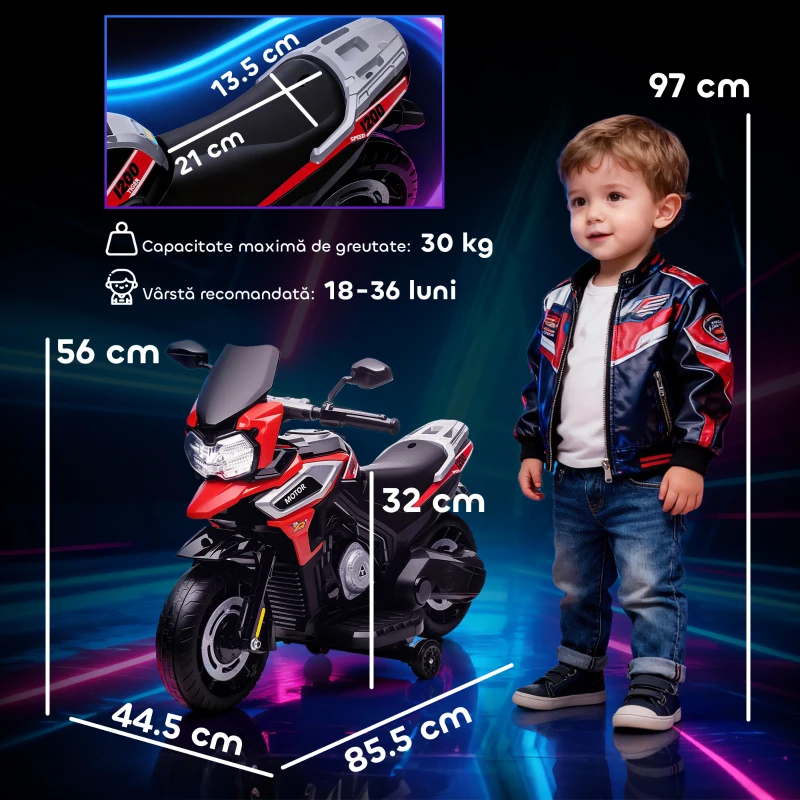 AIYAPLAY Motocicletă electrică pentru copii cu roți, oglinzi și suport pentru picioare, din PP și metal, 85.5x44.5x56 cm, roșu