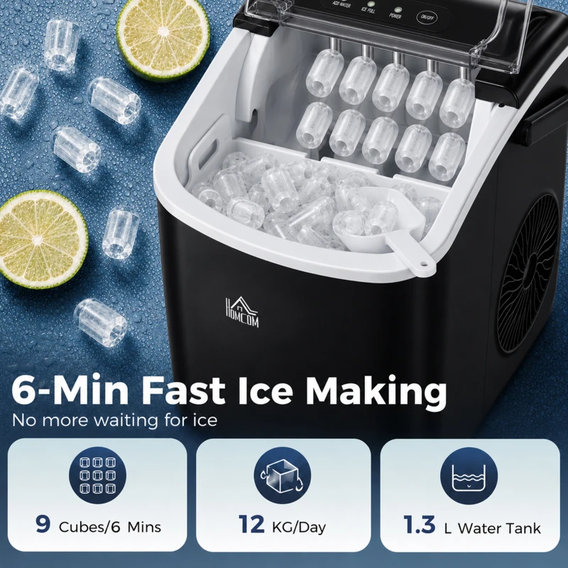 HOMCOM Ice Maker Machine Countertop, 12 KG in 24 H, 9 Cubes in 6 Mins, Portable Ice Cube Maker with Handle, Ice Scoop and Basket for Home Office Kitchen Bar Party RV, Black