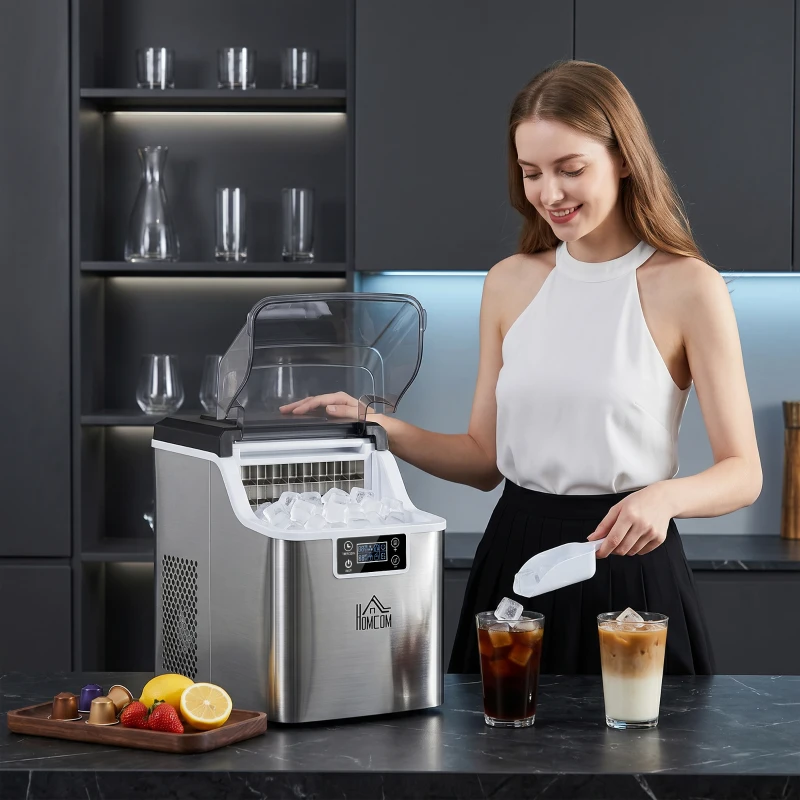 HOMCOM Macchina del Ghiaccio Autopulente da 24 Cubetti ogni 14-18 Minuti con Display LCD, in Acciaio Inox, 25.2x36x37.1 cm