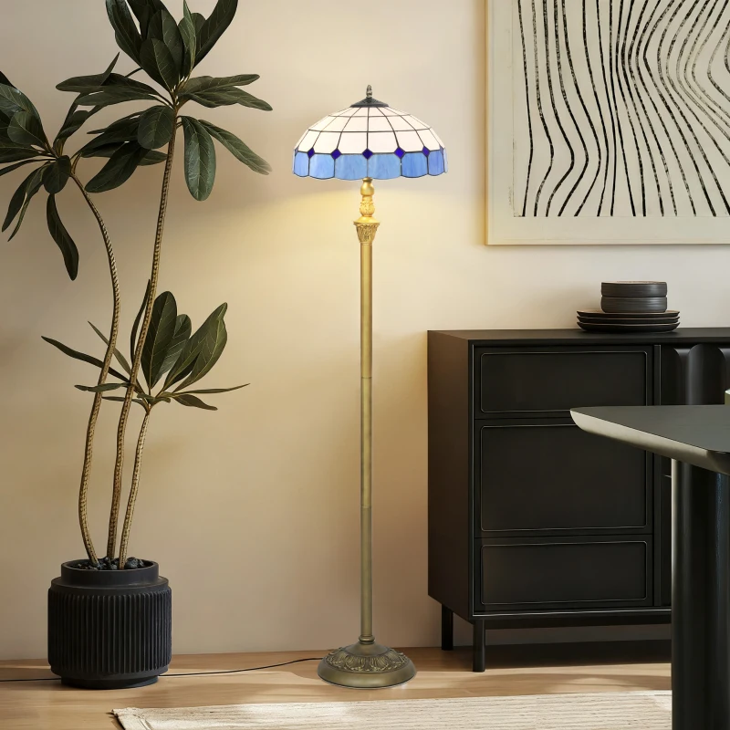 HOMCOM Tiffany-Style Floor Lamp with Handcrafted Stained Glass Shade, 152cm Tall Vintage Standing Lamp with Foot Switch and Dual Sockets for Living Room Bedroom, Bronze Tone and Blue