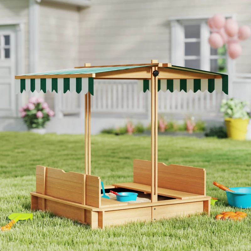 Outsunny Caixa de Areia para Crianças de Madeira com Toldo Ajustável em Altura 2 Bancos e Encostos para Jardim 106x106x121 cm Natural