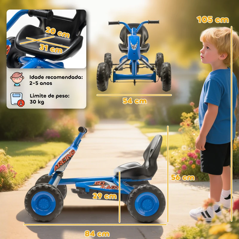 AIYAPLAY Kart a Pedais Go-Kart com Rodas PP Estrutura de Aço Carga 30 kg para Crianças 2-5 Anos 84x54x56 cm Azul