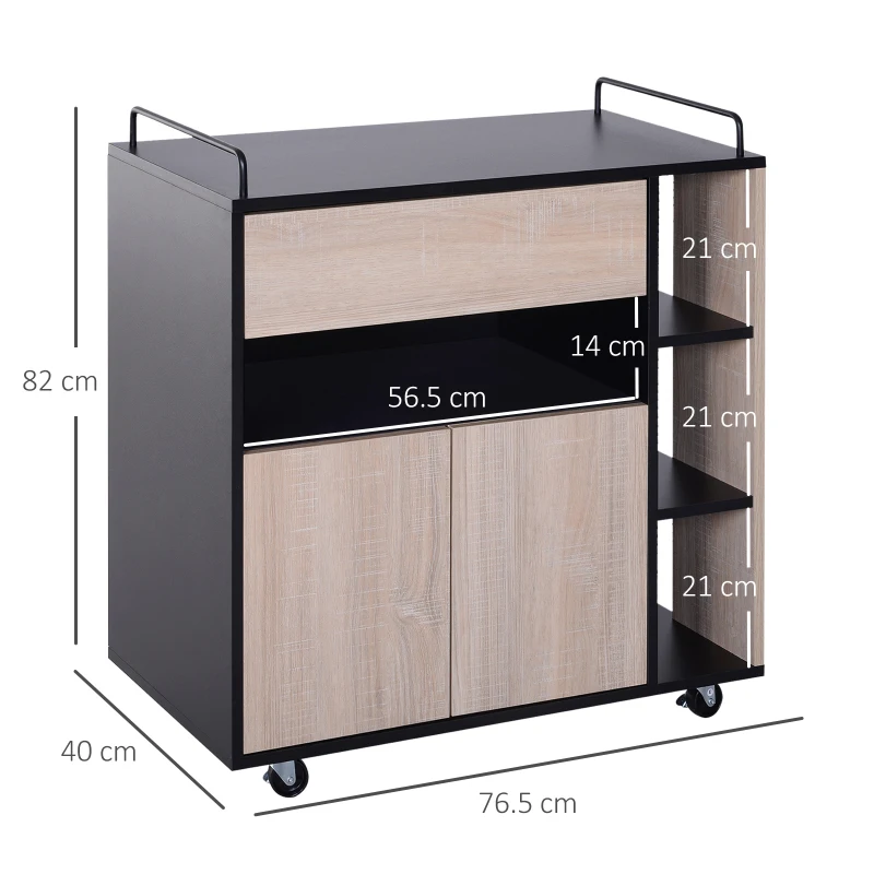 HOMCOM Carrello da Cucina Multiuso Moderno con Ruote Cassetto Anta in Legno Rovere, 76,5x40x82cm