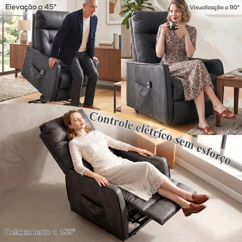 HOMCOM Poltrona Relax Reclinável Elétrica Elevatória em Couro PU com Controlo Remoto, Assento com Molas, Apoio para os Pés, Cinzento