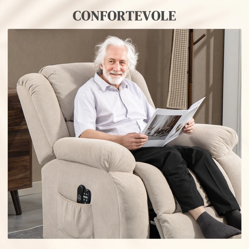 HOMCOM Poltrona Alzapersona Massaggiante e Reclinabile con 2 Tasche e Telecomando, 93x104x105 cm, Beige