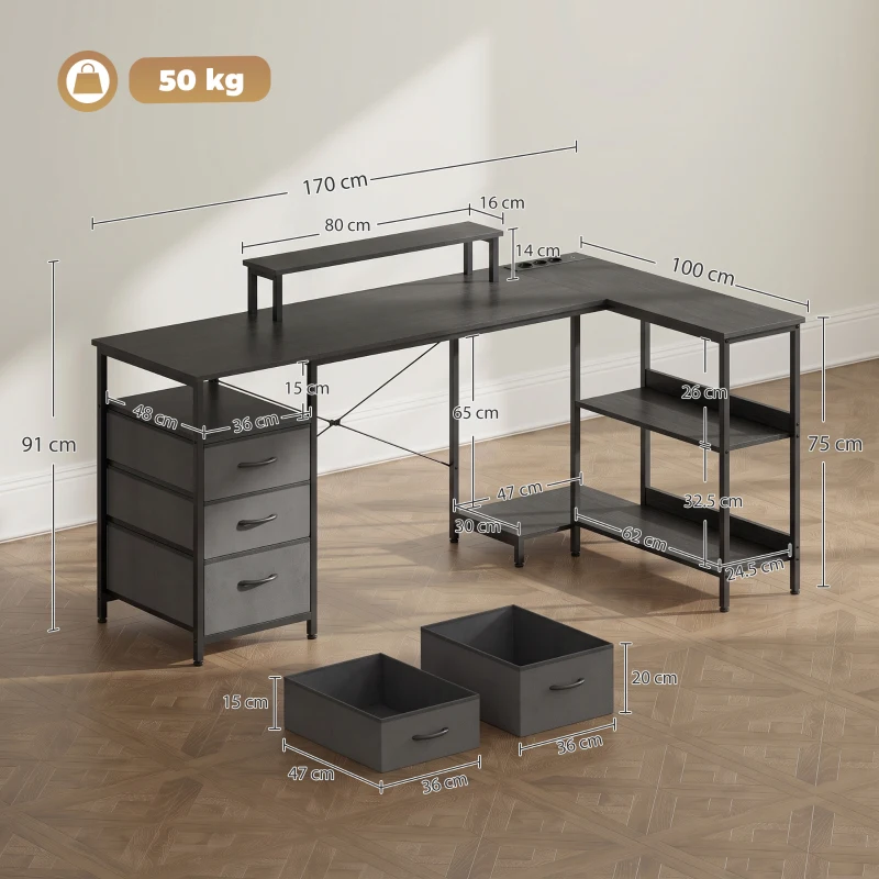 HOMCOM Birou în formă de L, birou colțar reversibil cu sertare și rafturi, 170 cm, Negru