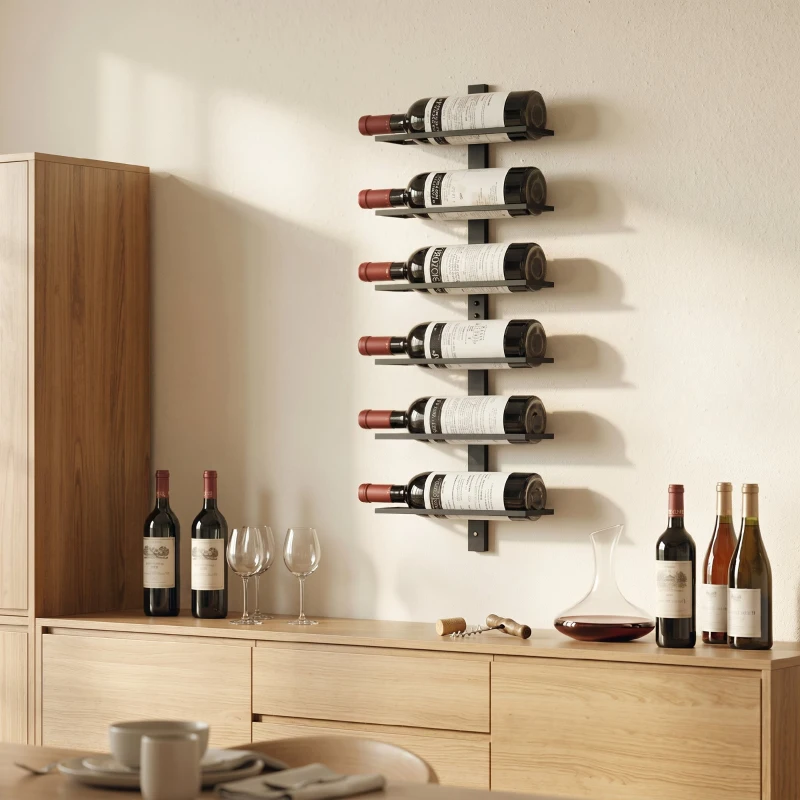 HOMCOM Weinregal, Wandregal für 6 Flaschen Wein, 6 Ebenen, Stahlrohr, für Küche, Wohnzimmer, Hausbar, Schwarz