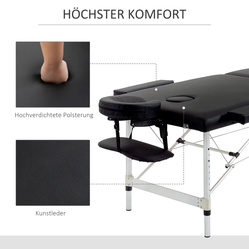 HOMCOM Massagetafel, 2 Zones Opvouwbare Massagebank met Kunstlederen Bekleding, Hoofdsteun, Armleuningen, Tas, Hoogteverstelbaar 90cm Breed tot 225kg Belastbaar, Zwart