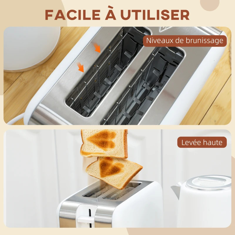 HOMCOM Ensemble bouilloire et grille-pain, 1,7L, 2200W, grille-pain 2 tranches avec 7 niveaux de brunissage, blanc